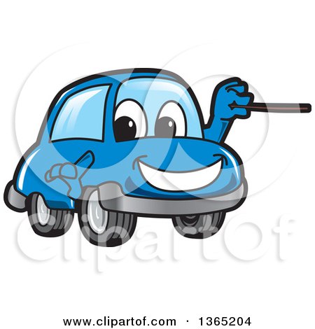 Clipart of a Happy Blue Car Mascot Using a Pointer Stick - Royalty Free Vector Illustration by Mascot Junction