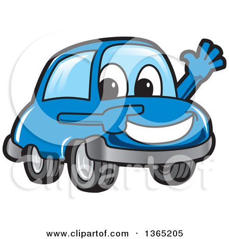 Clipart of a Happy Blue Car Mascot Waving and Pointing - Royalty Free Vector Illustration by Mascot Junction