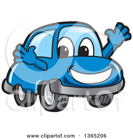 Clipart of a Happy Blue Car Mascot Welcoming - Royalty Free Vector Illustration by Mascot Junction