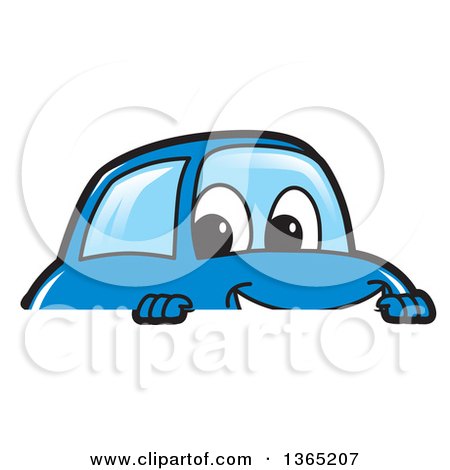 Clipart of a Happy Blue Car Mascot Smiling over a Sign - Royalty Free Vector Illustration by Mascot Junction