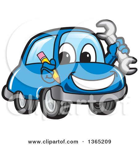 Clipart of a Happy Blue Car Mascot Holding a Wrench and Pencil - Royalty Free Vector Illustration by Mascot Junction