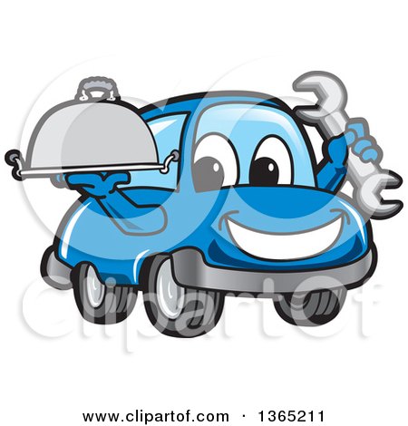 Clipart of a Happy Blue Car Mascot Holding a Wrench and Cloche Platter - Royalty Free Vector Illustration by Mascot Junction