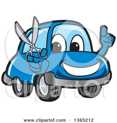 Clipart of a Happy Blue Car Mascot Holding up a Finger and Scissors - Royalty Free Vector Illustration by Mascot Junction