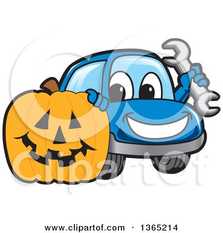 Clipart of a Happy Blue Car Mascot Holding a Wrench by a Halloween Jackolantern Pumpkin - Royalty Free Vector Illustration by Mascot Junction