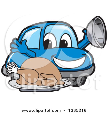 Clipart of a Happy Blue Car Mascot Serving a Roasted Thanksgiving Turkey - Royalty Free Vector Illustration by Mascot Junction
