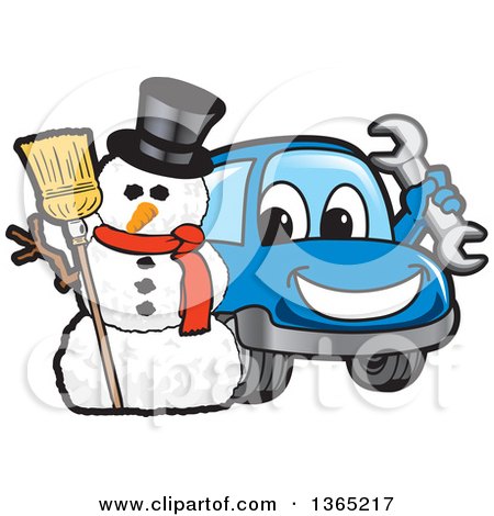 Clipart of a Happy Blue Car Mascot Holding a Wrench by a Christmas Snowman - Royalty Free Vector Illustration by Mascot Junction