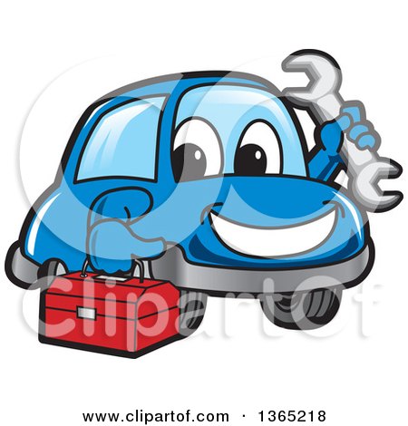 Clipart of a Happy Blue Car Mascot Holding a Wrench and Tool Box - Royalty Free Vector Illustration by Mascot Junction