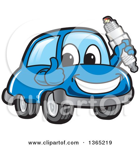Clipart of a Happy Blue Car Mascot Giving a Thumb up and Holding a Spark Plug - Royalty Free Vector Illustration by Mascot Junction