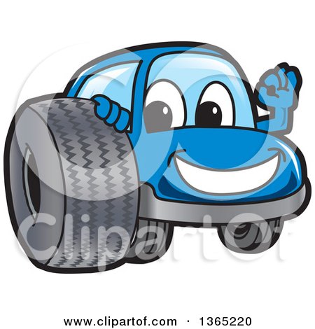 Clipart of a Happy Blue Car Mascot Gesturing Ok by a Tire - Royalty Free Vector Illustration by Mascot Junction