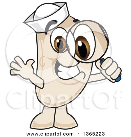 Clipart of a Navy Bean Mascot Character Looking Through a Magnifying Glass - Royalty Free Vector Illustration by Mascot Junction