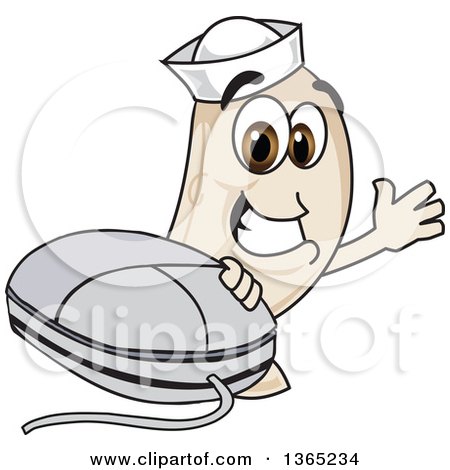 Clipart of a Navy Bean Mascot Character Waving by a Computer Mouse - Royalty Free Vector Illustration by Mascot Junction