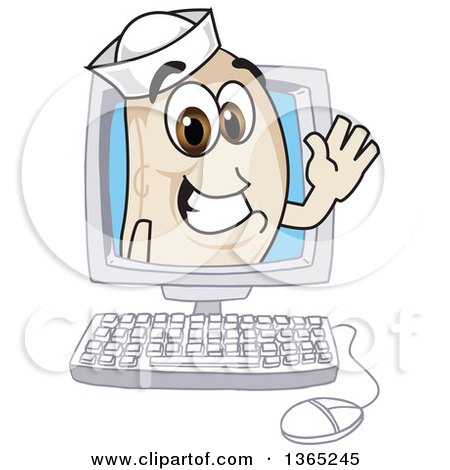 Clipart of a Navy Bean Mascot Character Waving from a Desktop Computer - Royalty Free Vector Illustration by Mascot Junction