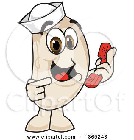 Clipart of a Navy Bean Mascot Character Holding and Pointing to a Telephone - Royalty Free Vector Illustration by Mascot Junction