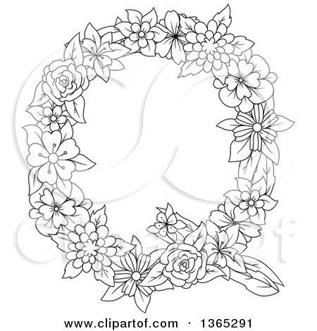 Clipart of a Black and White Lineart Floral Uppercase Alphabet Letter Q - Royalty Free Vector Illustration by Vector Tradition SM