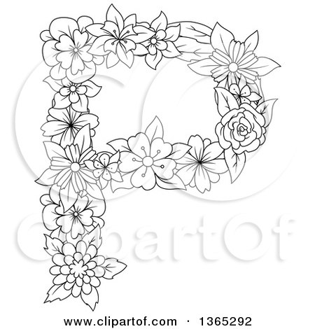 Clipart of a Black and White Lineart Floral Uppercase Alphabet Letter P - Royalty Free Vector Illustration by Vector Tradition SM