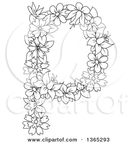Clipart of a Black and White Lineart Floral Lowercase Alphabet Letter P - Royalty Free Vector Illustration by Vector Tradition SM