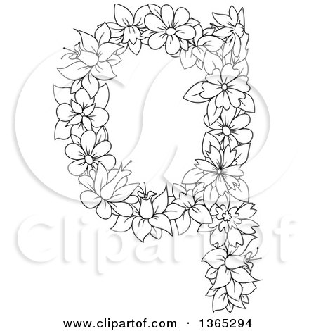 Clipart of a Black and White Lineart Floral Lowercase Alphabet Letter Q - Royalty Free Vector Illustration by Vector Tradition SM