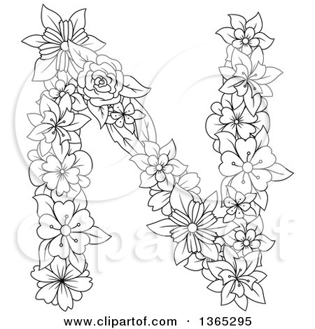 Clipart of a Black and White Lineart Floral Uppercase Alphabet Letter N - Royalty Free Vector Illustration by Vector Tradition SM