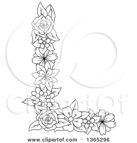 Clipart of a Black and White Lineart Floral Uppercase Alphabet Letter L - Royalty Free Vector Illustration by Vector Tradition SM