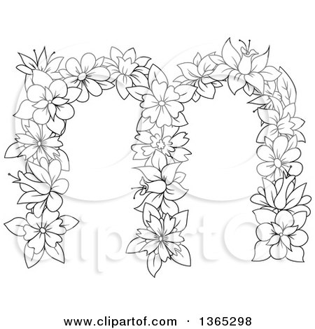 Clipart of a Black and White Lineart Floral Lowercase Alphabet Letter M - Royalty Free Vector Illustration by Vector Tradition SM