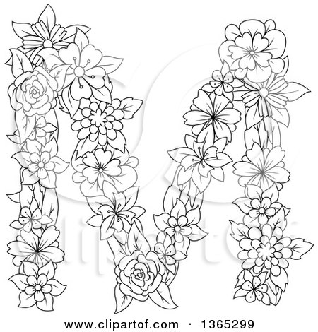 Clipart of a Black and White Lineart Floral Uppercase Alphabet Letter M - Royalty Free Vector Illustration by Vector Tradition SM