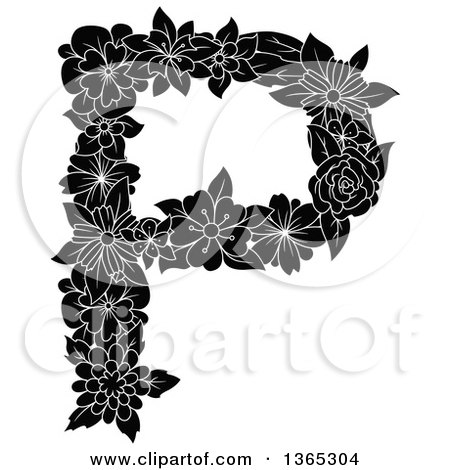 Clipart of a Black and White Floral Uppercase Alphabet Letter P - Royalty Free Vector Illustration by Vector Tradition SM