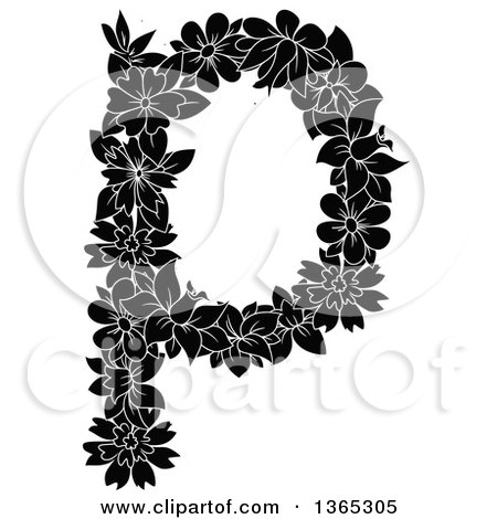 Clipart of a Black and White Floral Lowercase Alphabet Letter P - Royalty Free Vector Illustration by Vector Tradition SM