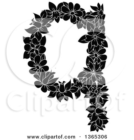 Clipart of a Black and White Floral Lowercase Alphabet Letter Q - Royalty Free Vector Illustration by Vector Tradition SM