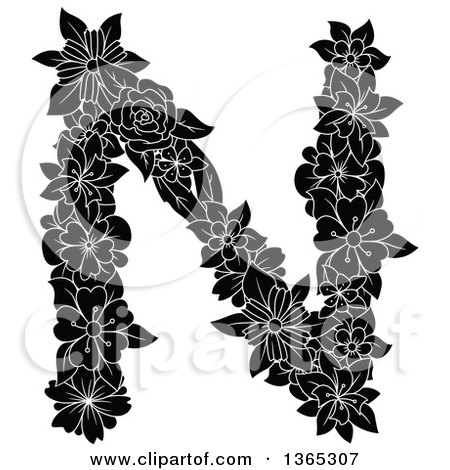 Clipart of a Black and White Floral Uppercase Alphabet Letter N - Royalty Free Vector Illustration by Vector Tradition SM
