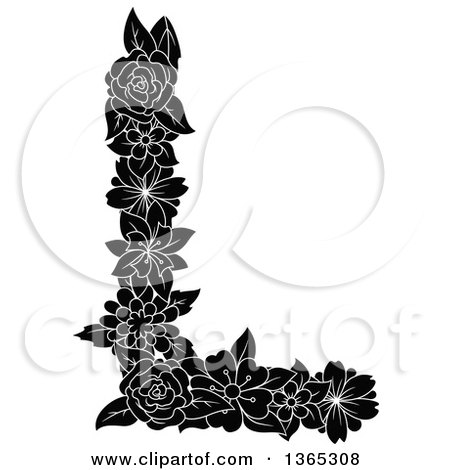 Clipart of a Black and White Floral Uppercase Alphabet Letter L - Royalty Free Vector Illustration by Vector Tradition SM