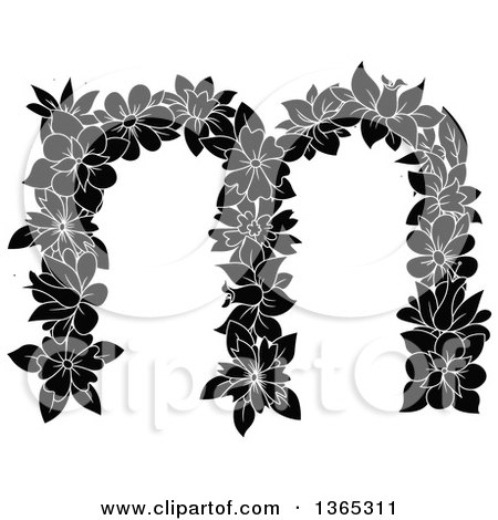 Clipart of a Black and White Floral Lowercase Alphabet Letter M - Royalty Free Vector Illustration by Vector Tradition SM