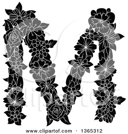 Clipart of a Black and White Floral Uppercase Alphabet Letter M - Royalty Free Vector Illustration by Vector Tradition SM