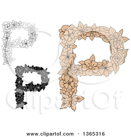 Clipart of Floral Uppercase Alphabet Letter P Designs - Royalty Free Vector Illustration by Vector Tradition SM