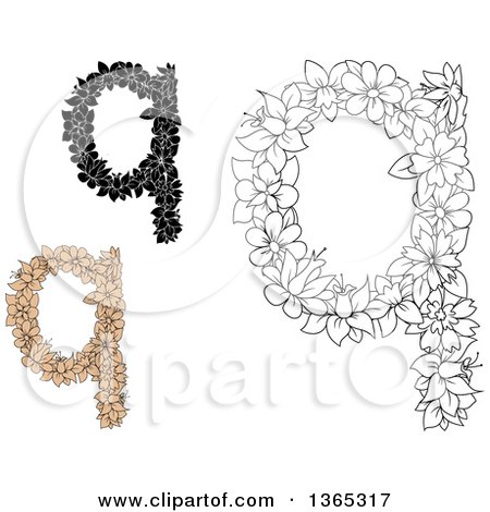 Clipart of Floral Lowercase Alphabet Letter Q Designs - Royalty Free Vector Illustration by Vector Tradition SM
