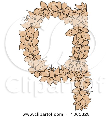 Clipart of a Tan Floral Lowercase Alphabet Letter Q - Royalty Free Vector Illustration by Vector Tradition SM