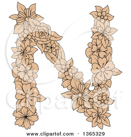 Clipart of a Tan Floral Uppercase Alphabet Letter N - Royalty Free Vector Illustration by Vector Tradition SM
