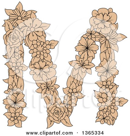 Clipart of a Tan Floral Uppercase Alphabet Letter M - Royalty Free Vector Illustration by Vector Tradition SM