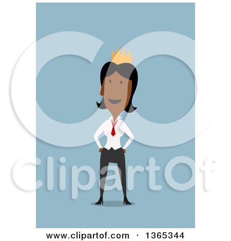 Clipart of a Flat Design Black Businesswoman Queen Wearing a Crown, on Blue - Royalty Free Vector Illustration by Vector Tradition SM