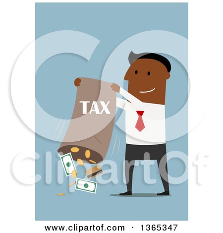 Clipart of a Flat Design Black Businessman Dumping out a Bag for Taxes, on Blue - Royalty Free Vector Illustration by Vector Tradition SM