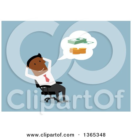 Clipart of a Flat Design Black Businessman Thinking About Money, on Blue - Royalty Free Vector Illustration by Vector Tradition SM