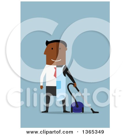 Clipart of a Flat Design Black Man Dressed Half in a Suit, Half As a Janitor, on Blue - Royalty Free Vector Illustration by Vector Tradition SM