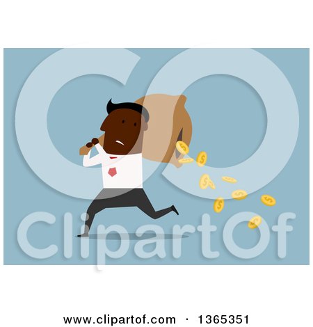 Clipart of a Flat Design Black Businessman Dropping Coins from a Sack, on Blue - Royalty Free Vector Illustration by Vector Tradition SM
