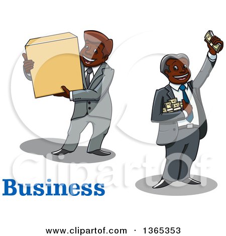 Clipart of Cartoon Black Business Men Holding a Box and Cash Money - Royalty Free Vector Illustration by Vector Tradition SM