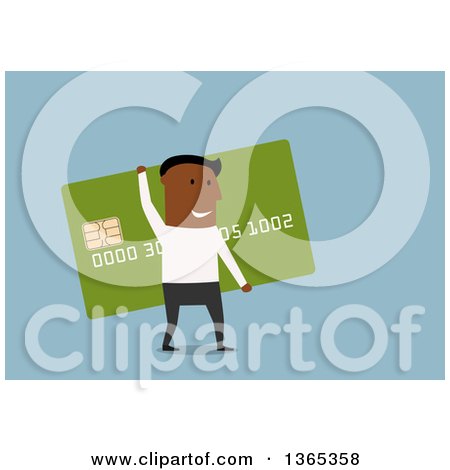 Clipart of a Flat Design Black Man Carrying a Giant Credit Card, on Blue - Royalty Free Vector Illustration by Vector Tradition SM