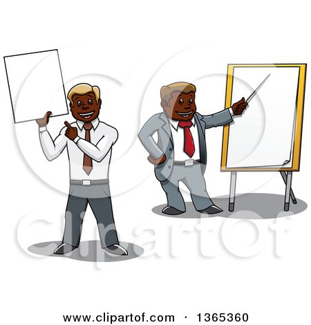 Clipart of Cartoon Black Business Men Holding and Pointing to a Blank Sign and Pointing to a Board - Royalty Free Vector Illustration by Vector Tradition SM