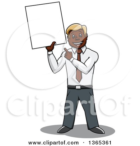 Clipart of a Cartoon Black Business Man Holding and Pointing to a Blank Sign - Royalty Free Vector Illustration by Vector Tradition SM