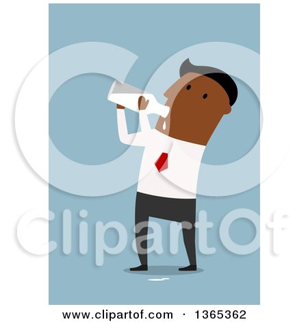 Clipart of a Flat Design Black Businessman Drinking Milk from a Bottle, on Blue - Royalty Free Vector Illustration by Vector Tradition SM