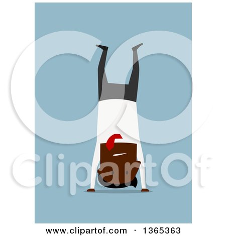 Clipart of a Flat Design Black Businessman Doing a Hand Stand, on Blue - Royalty Free Vector Illustration by Vector Tradition SM