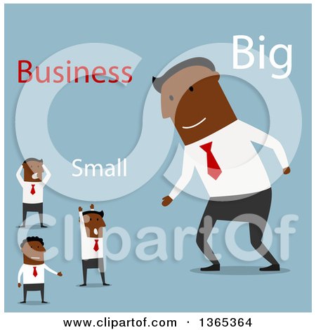 Clipart of a Flat Design Big Black Businessman and Small Men, on Blue - Royalty Free Vector Illustration by Vector Tradition SM