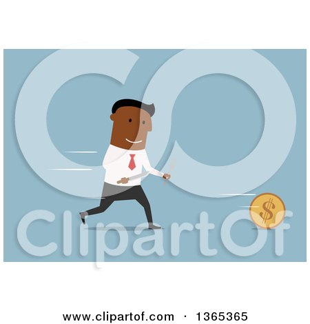Clipart of a Flat Design Black Businessman Chasing a Coin with Cutlery, on Blue - Royalty Free Vector Illustration by Vector Tradition SM